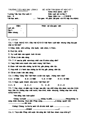 Đề kiểm tra định kì học kì I Lịch sử và Địa lí lớp 5 - Năm học 2016-2017 - Trường Tiểu học Xuân Huy